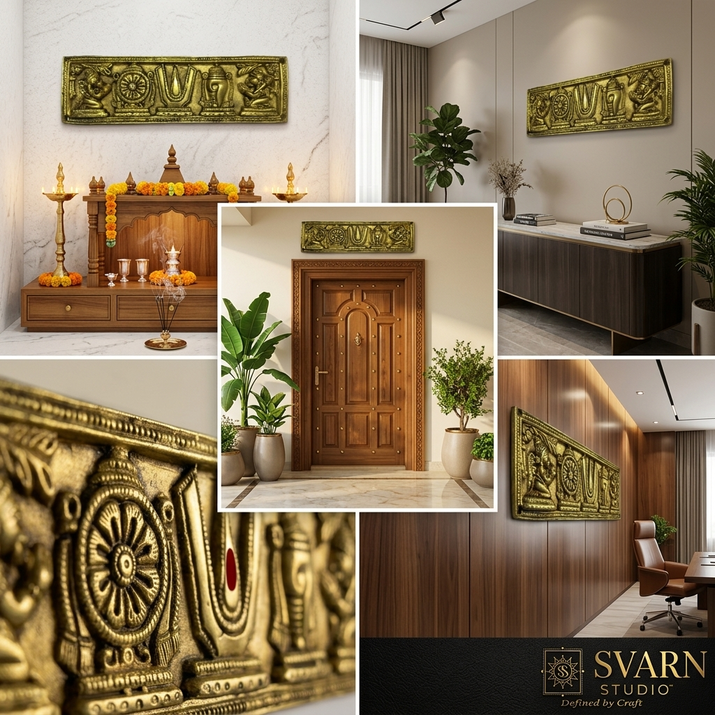 Svarn Studio Brass Padam Shankh Chakra Plate - Six-panel lifestyle: Puja Room marble wall, Main Door with brass Kalash, Living Room sideboard, Macro close-up, Home Office, Hotel Reception