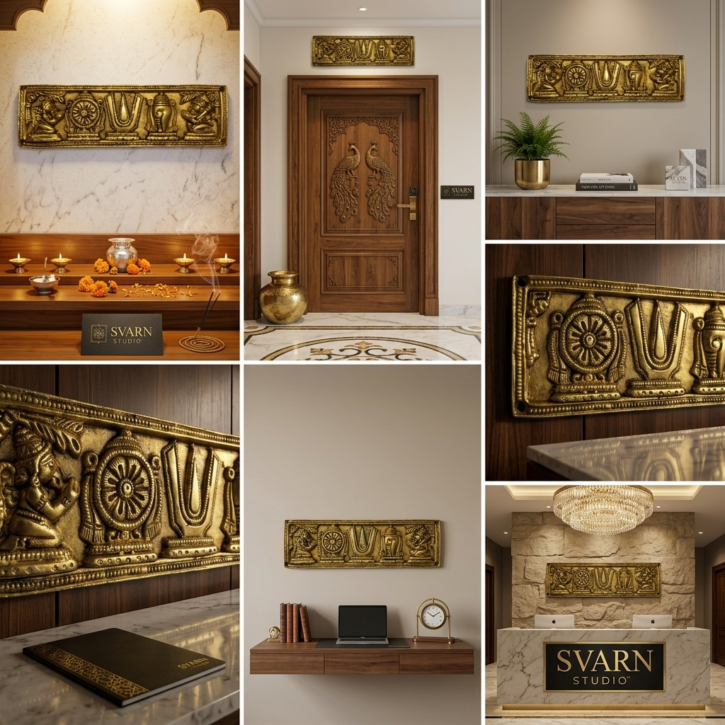 Svarn Studio Brass Padam Shankh Chakra Plate - Five-panel lifestyle: Puja Room with wooden mandir, Main Door with plants, Living Room sideboard, Macro Chakra detail, Executive Office corridor