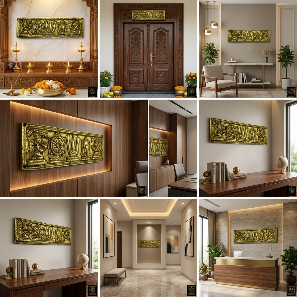 Svarn Studio Brass Padam Shankh Chakra Plate - Six-panel lifestyle: Puja Room with Ganesha and diyas, Main Door with marigold garlands, Living Room with bonsai, Home Office, Executive Office wood-panelled wall