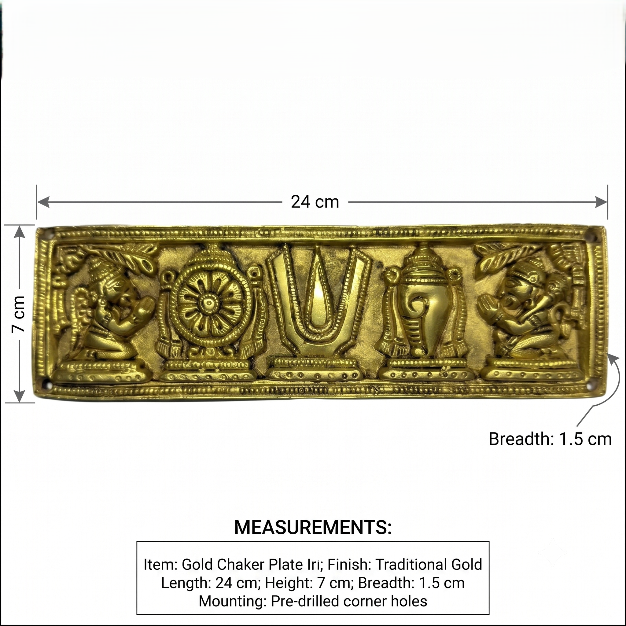 Svarn Studio Brass Padam Shankh Chakra Plate - Dimensions: Length 24cm, Height 7cm, Breadth 1.5cm with pre-drilled corner holes
