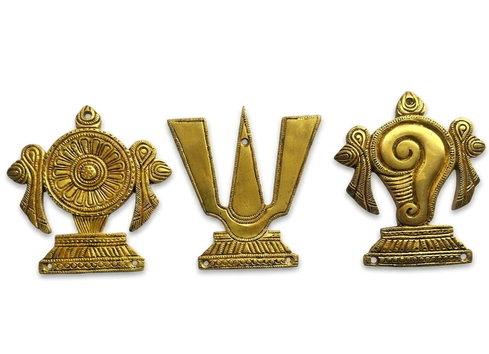 Svarn Studio Brass Padam Shankh Chakra Wall Decor - Product shot of all three pieces on white background showing Chakra, Namam and Shankh