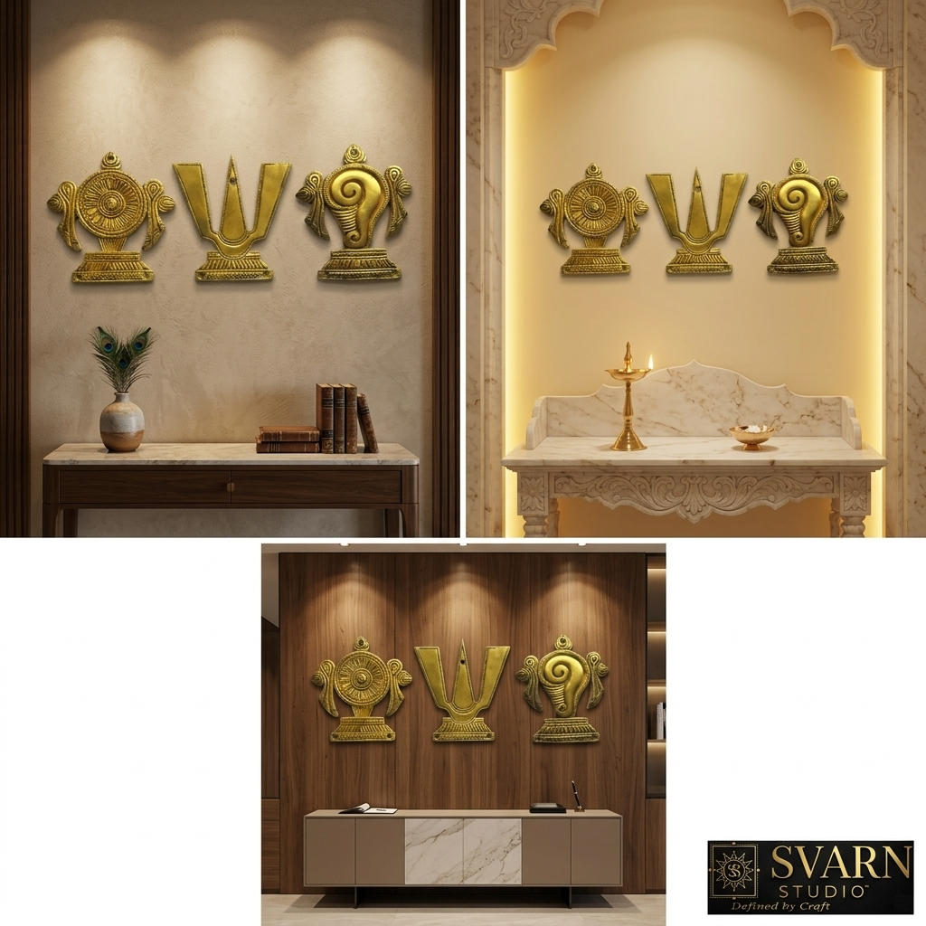 Svarn Studio Brass Padam Shankh Chakra Wall Decor - Three lifestyle settings collage showing Premium Home Entrance, Luxury Pooja Room, and Premium Office