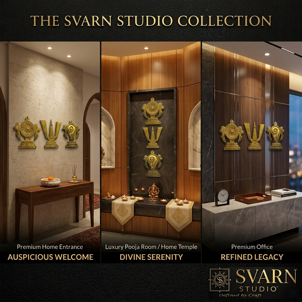 Svarn Studio Brass Padam Shankh Chakra Wall Decor - Three lifestyle settings collage showing foyer, pooja room, and luxury office
