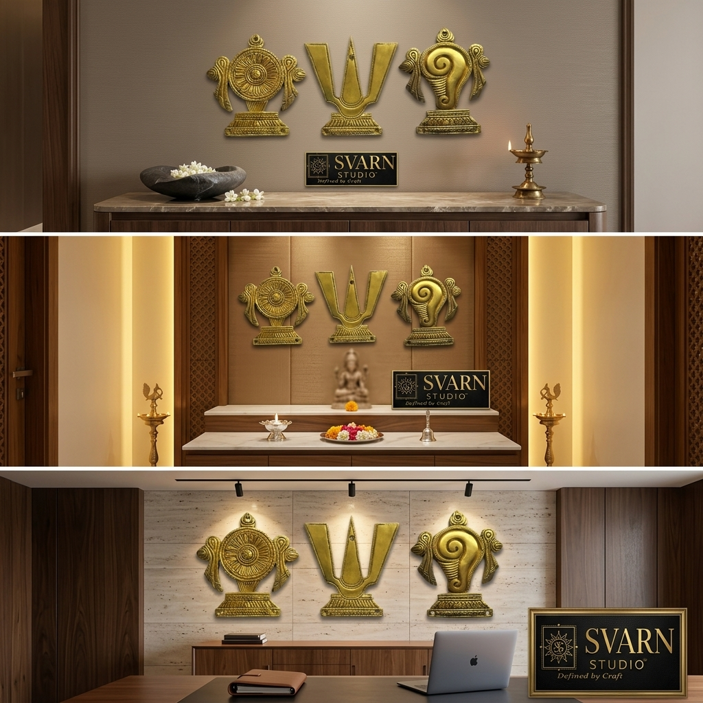 Svarn Studio Brass Padam Shankh Chakra Wall Decor - Three lifestyle settings collage showing foyer console, pooja room, and office workspace