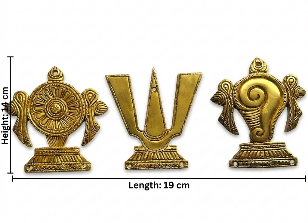 Svarn Studio Brass Padam Shankh Chakra Wall Decor - Measurement diagram showing 14cm height and 19cm total length for the set of 3