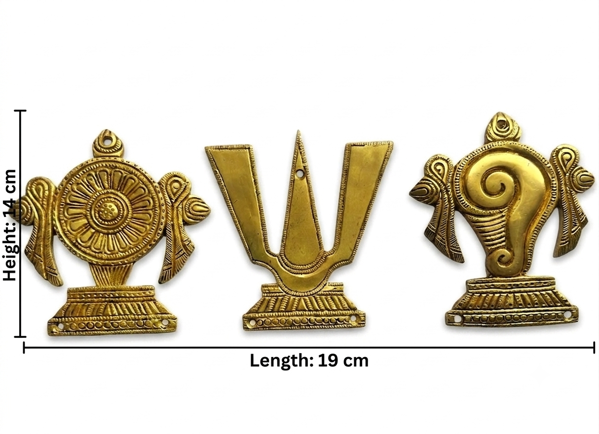 Svarn Studio Brass Padam Shankh Chakra Wall Decor - Measurement diagram showing 14cm height and 19cm total length for the set of 3