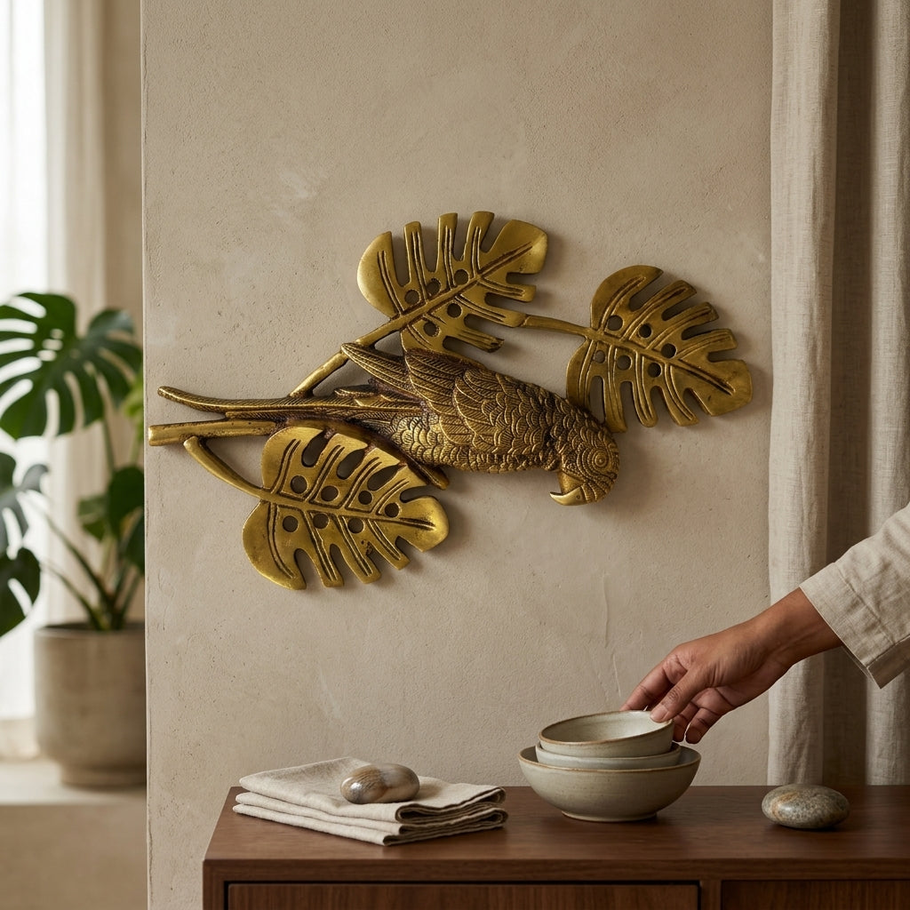 Svarn Studio Brass Parrot Wall Hanging | Antique Gold | Monstera Leaf Design , heavy ~1.5 kg