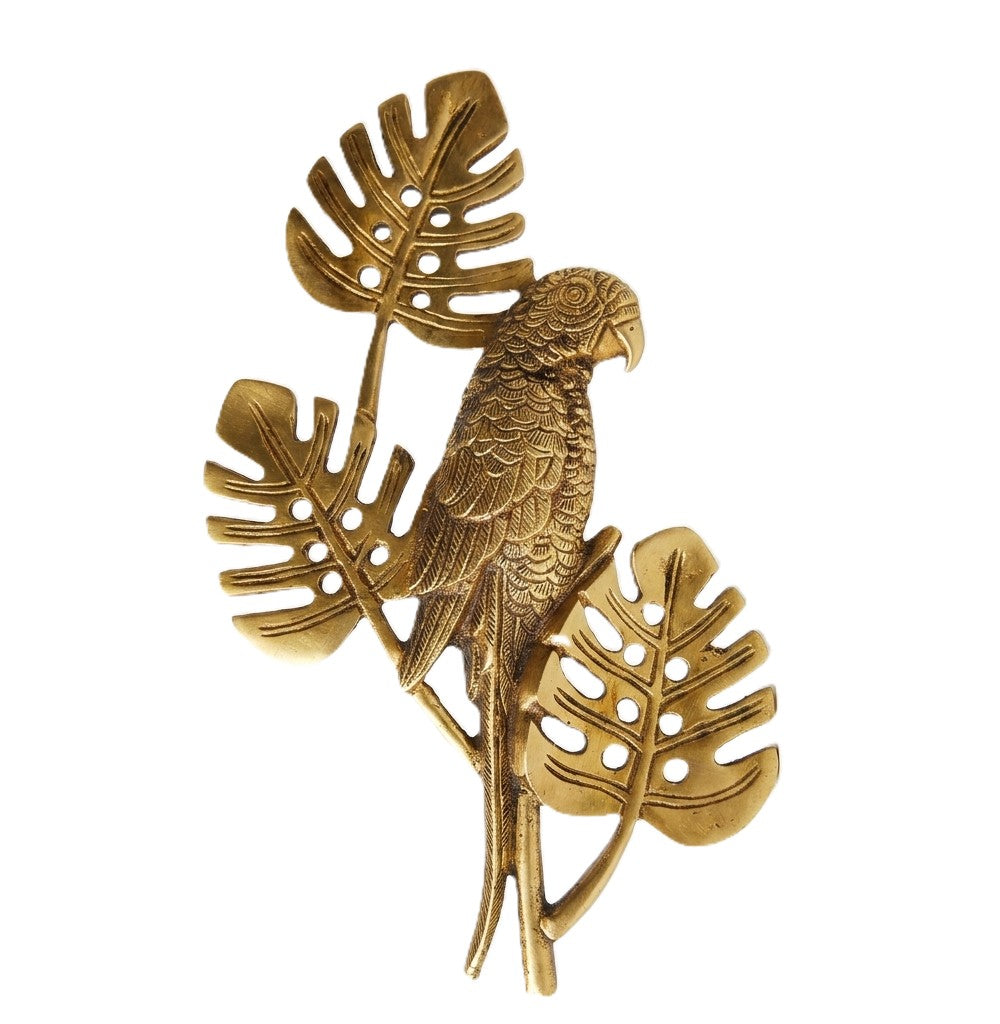 Svarn Studio Brass Parrot Wall Hanging | Antique Gold | Monstera Leaf Design , heavy ~1.5 kg