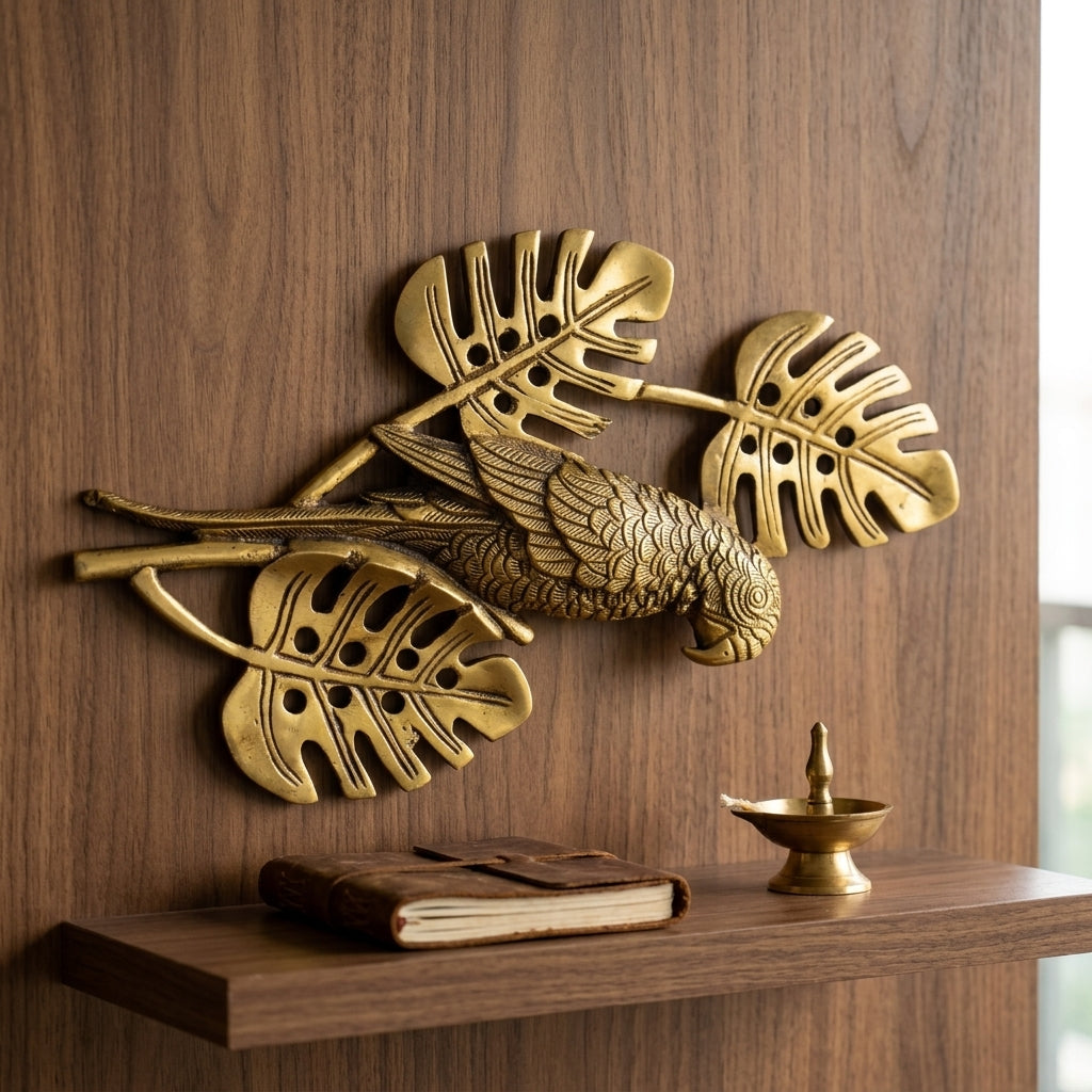 Svarn Studio Brass Parrot Wall Hanging | Antique Gold | Monstera Leaf Design , heavy ~1.5 kg