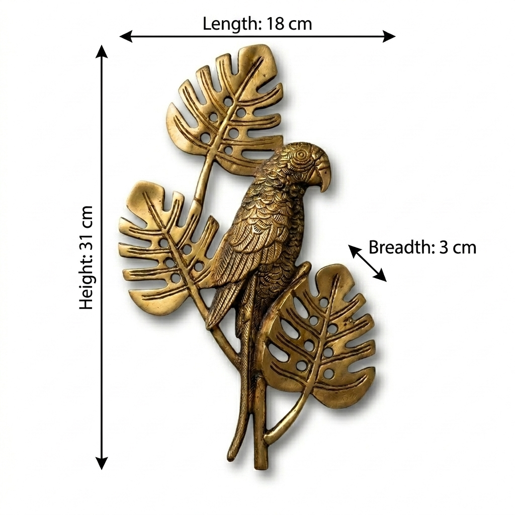 Svarn Studio Brass Parrot Wall Hanging | Antique Gold | Monstera Leaf Design , heavy ~1.5 kg