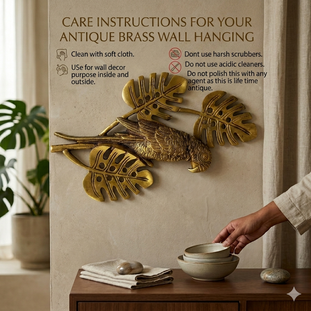 Svarn Studio Brass Parrot Wall Hanging | Antique Gold | Monstera Leaf Design , heavy ~1.5 kg
