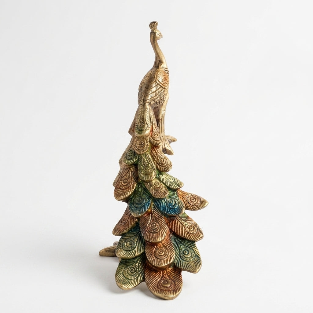 Svarn Studio Brass Peacock Figurine on Tree Stump | Gold Finish | Large Showpiece