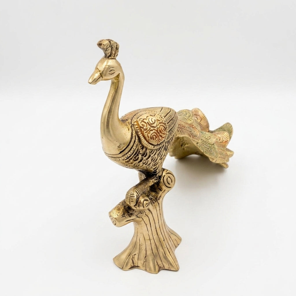 Svarn Studio Brass Peacock Figurine on Tree Stump | Gold Finish | Large Showpiece