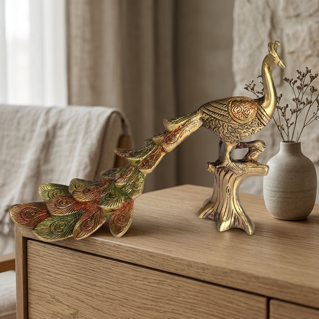 Svarn Studio Brass Peacock Figurine on Tree Stump | Gold Finish | Large Showpiece