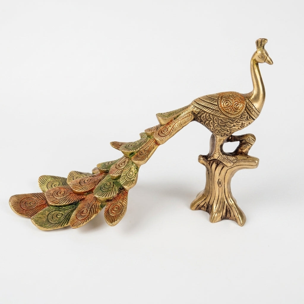 Svarn Studio Brass Peacock Figurine on Tree Stump | Gold Finish | Large Showpiece