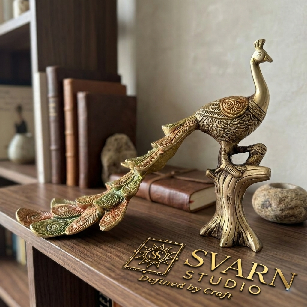 Svarn Studio Brass Peacock Figurine on Tree Stump | Gold Finish | Large Showpiece