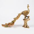 Svarn Studio Brass Peacock Figurine on Tree Stump | Gold Finish | Large Showpiece