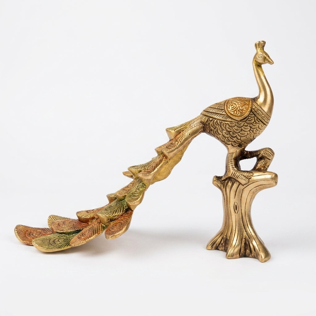 Svarn Studio Brass Peacock Figurine on Tree Stump | Gold Finish | Large Showpiece