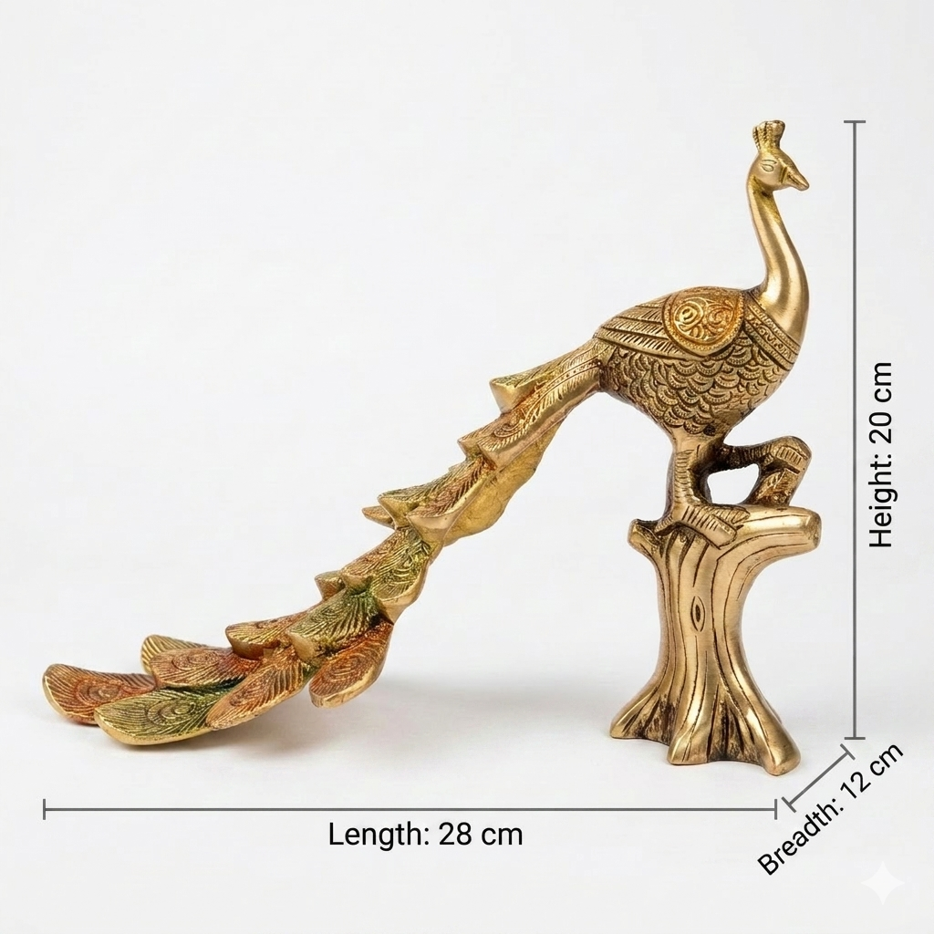 Svarn Studio Brass Peacock Figurine on Tree Stump | Gold Finish | Large Showpiece