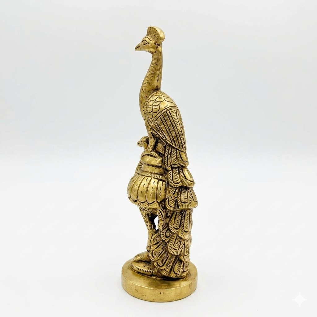 Svarn Studio Brass Peacock Figurine | Tall Antique Gold Showpiece
