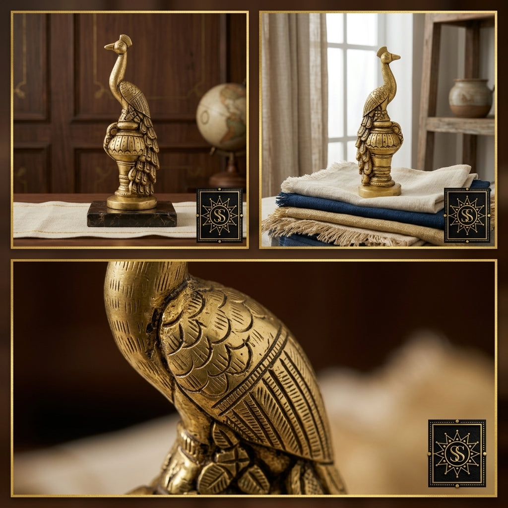Svarn Studio Brass Peacock Figurine | Tall Antique Gold Showpiece