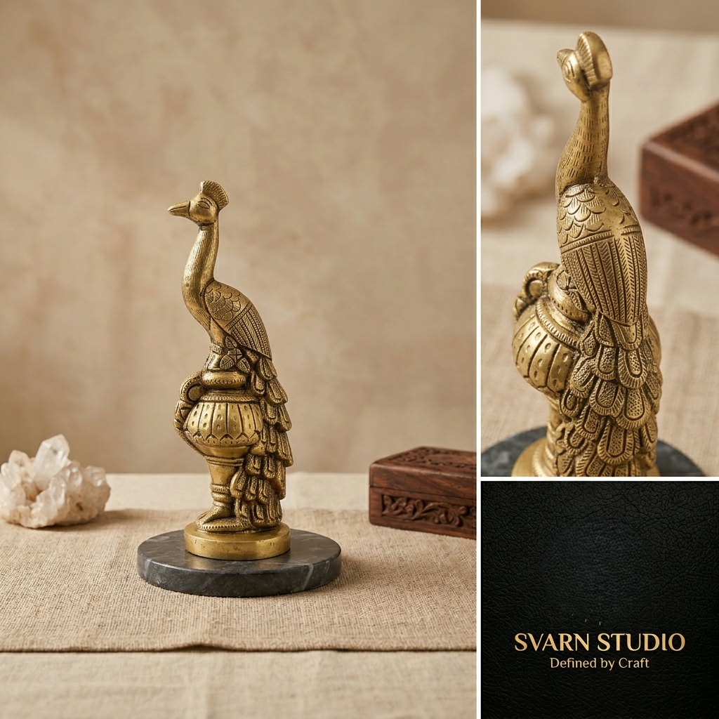 Svarn Studio Brass Peacock Figurine | Tall Antique Gold Showpiece