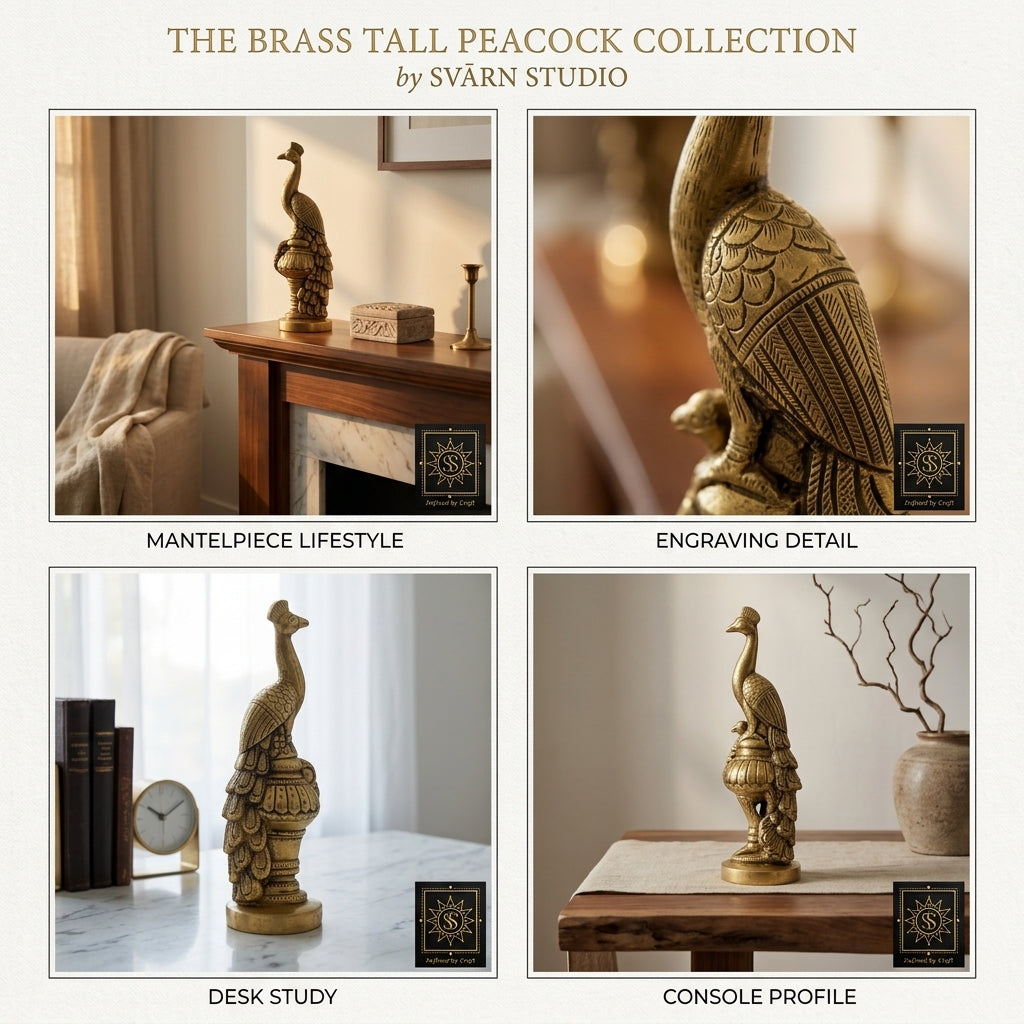 Svarn Studio Brass Peacock Figurine | Tall Antique Gold Showpiece