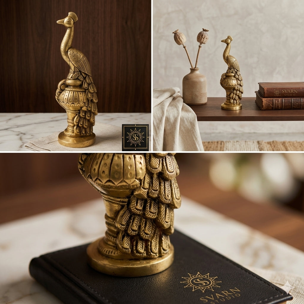Svarn Studio Brass Peacock Figurine | Tall Antique Gold Showpiece
