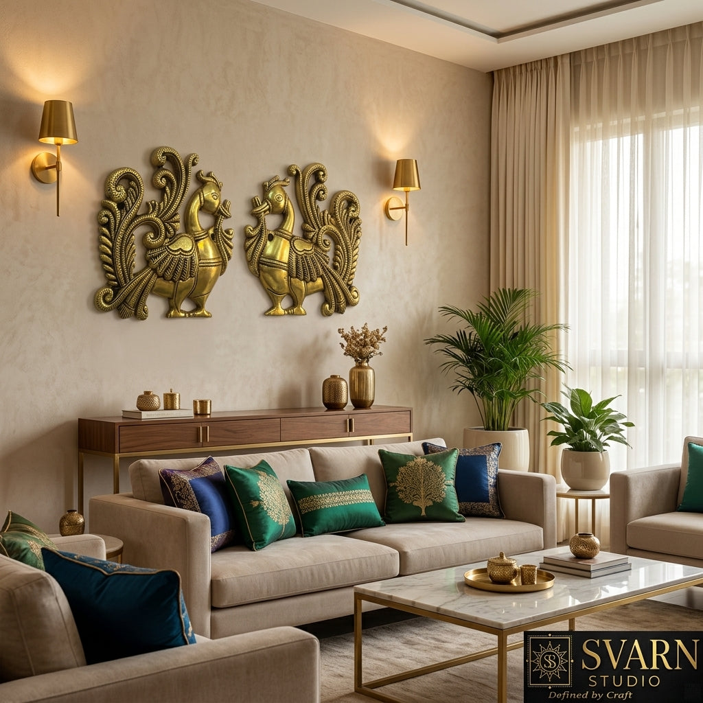 Svarn Studio Brass Peacock Wall Décor — Handcrafted Traditional Indian Style (Set of 2)
