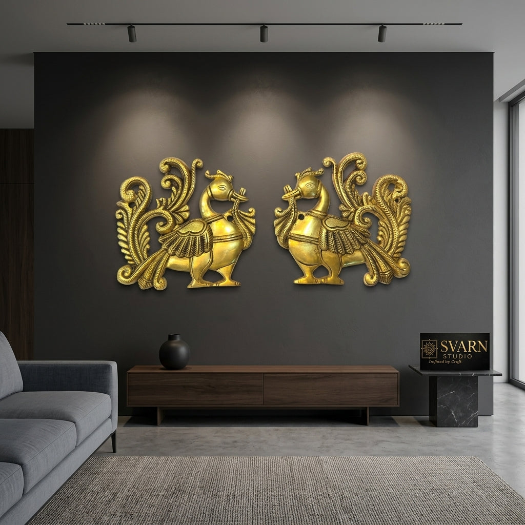 Svarn Studio Brass Peacock Wall Décor — Handcrafted Traditional Indian Style (Set of 2)