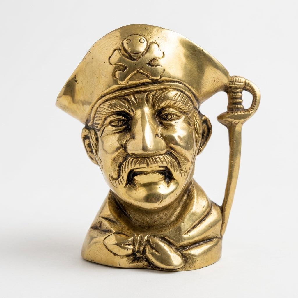 Svarn Studio Brass Pirate Head Pen Holder | Antique Gold | 10 cm | Desk Organiser