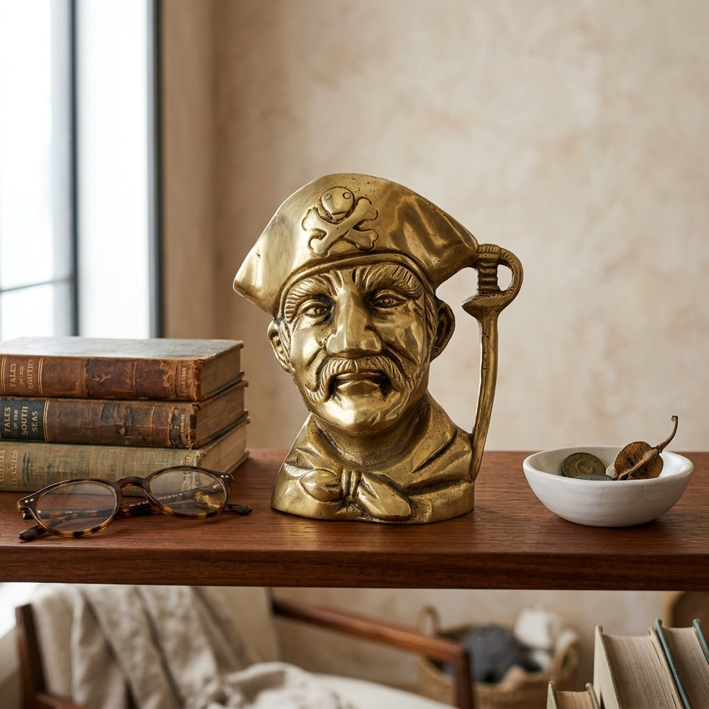 Svarn Studio Brass Pirate Head Pen Holder | Antique Gold | 10 cm | Desk Organiser