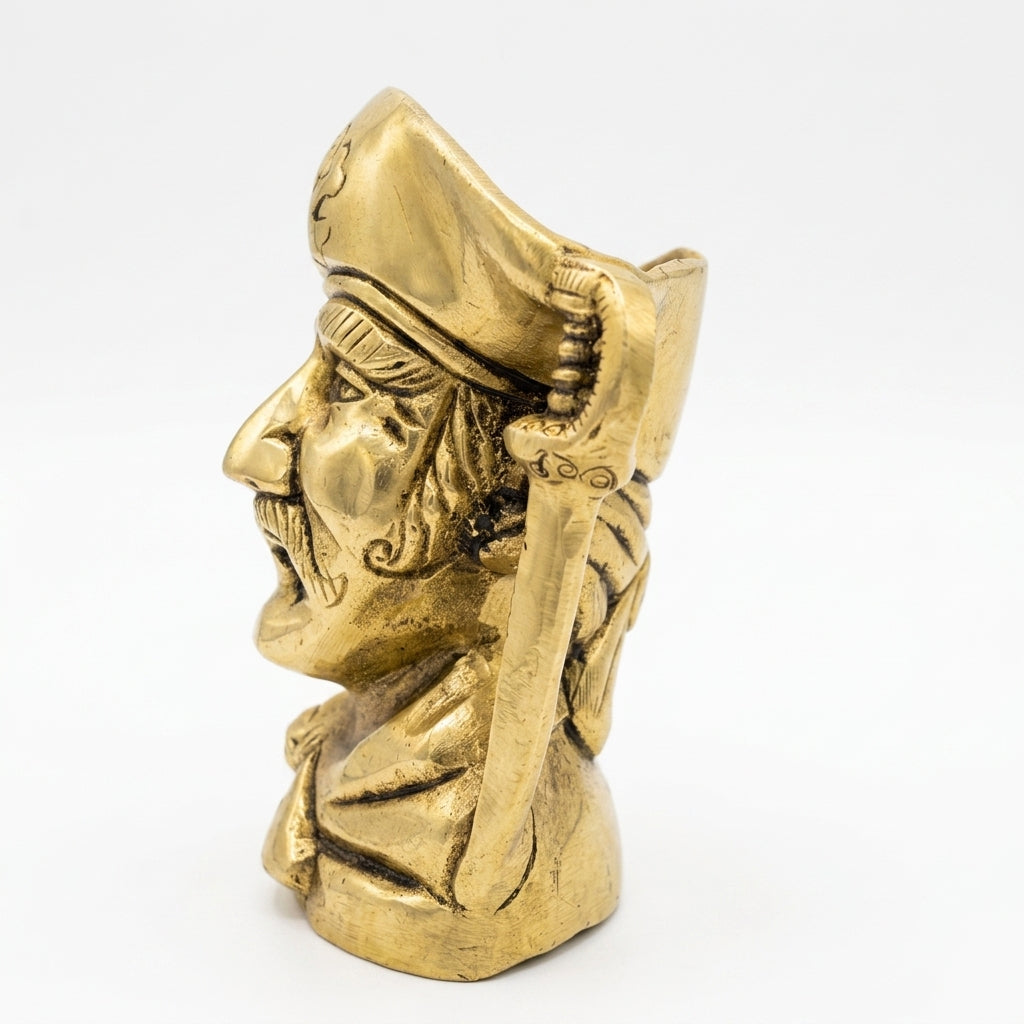 Svarn Studio Brass Pirate Head Pen Holder | Antique Gold | 10 cm | Desk Organiser