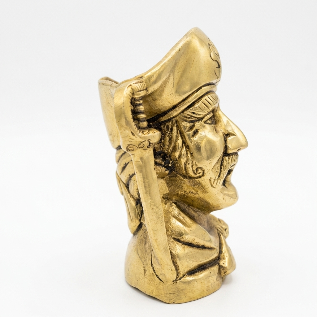 Svarn Studio Brass Pirate Head Pen Holder | Antique Gold | 10 cm | Desk Organiser