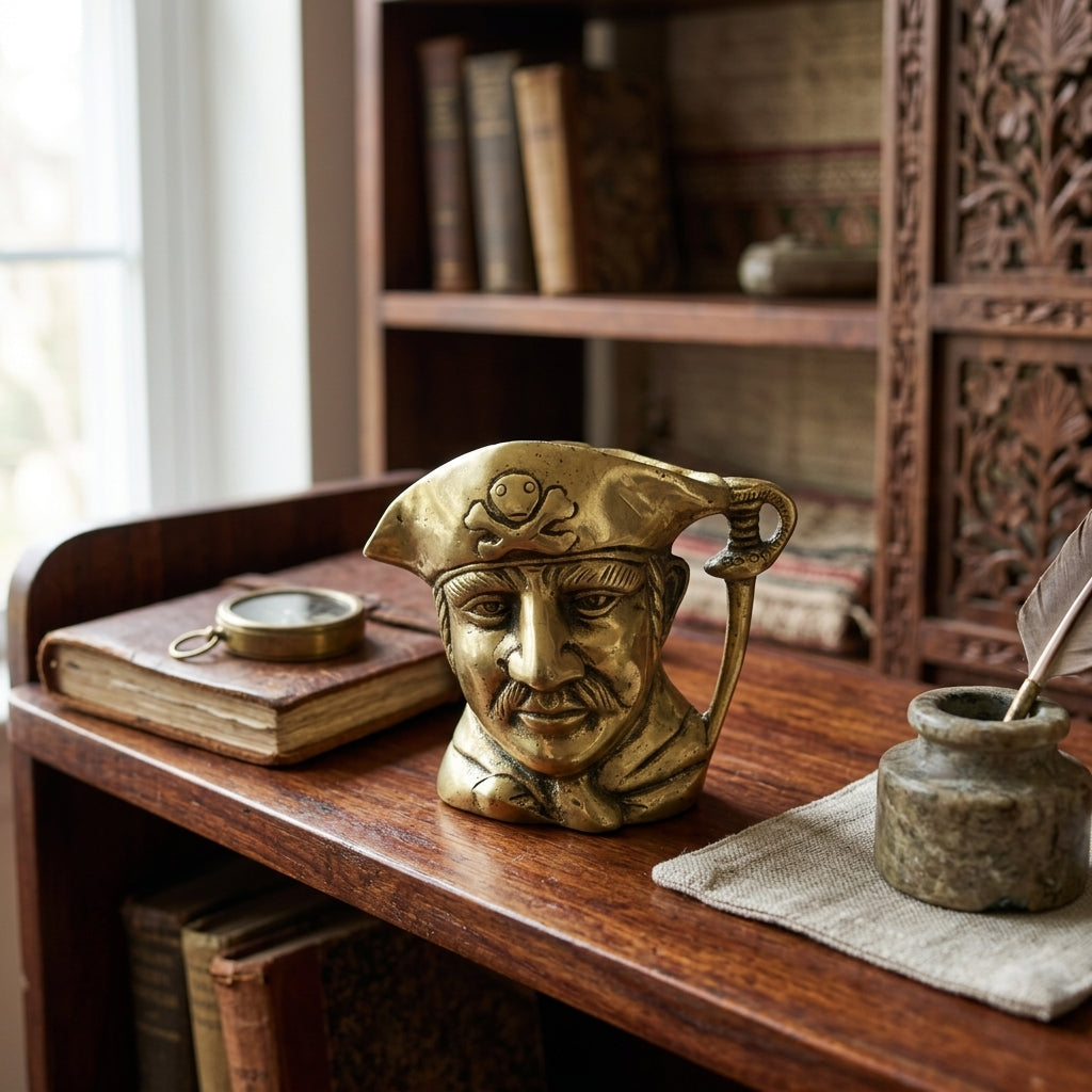 Svarn Studio Brass Pirate Head Pen Holder | Antique Gold | 10 cm | Desk Organiser