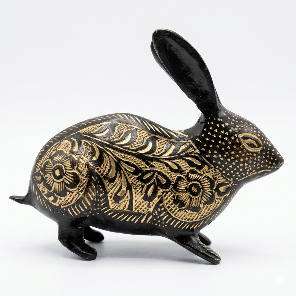 Svarn Studio Handcrafted Black Brass Rabbit Figurine with Gold Etched Floral Motifs | Decorative Showpiece for Home & Office | Luxury Artisan Décor — 14 cm