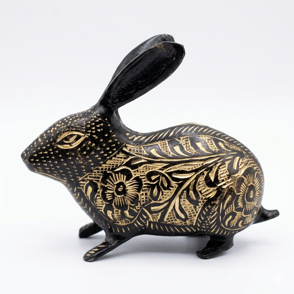Svarn Studio Handcrafted Black Brass Rabbit Figurine with Gold Etched Floral Motifs | Decorative Showpiece for Home & Office | Luxury Artisan Décor — 14 cm