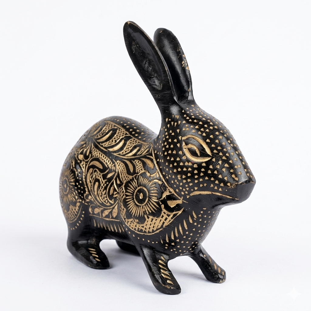Svarn Studio Handcrafted Black Brass Rabbit Figurine with Gold Etched Floral Motifs | Decorative Showpiece for Home & Office | Luxury Artisan Décor — 14 cm