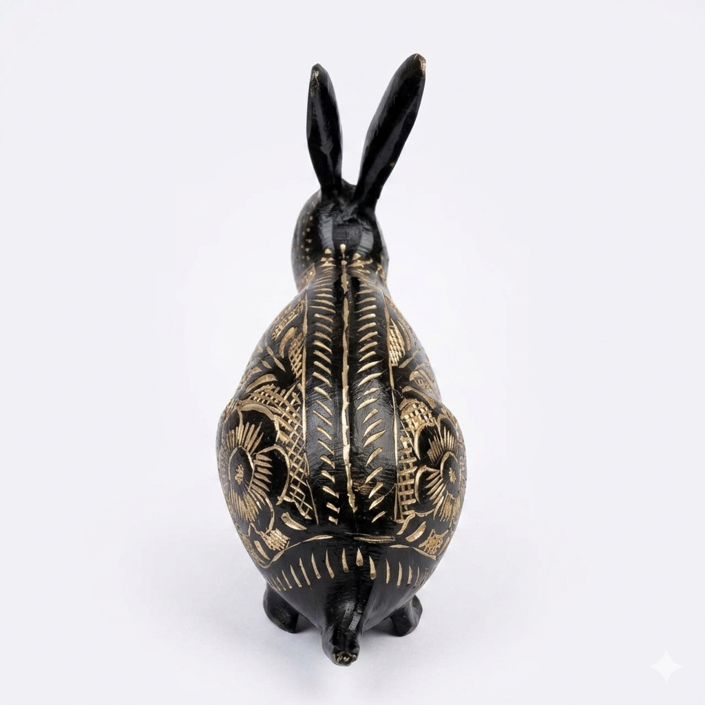 Svarn Studio Handcrafted Black Brass Rabbit Figurine with Gold Etched Floral Motifs | Decorative Showpiece for Home & Office | Luxury Artisan Décor — 14 cm