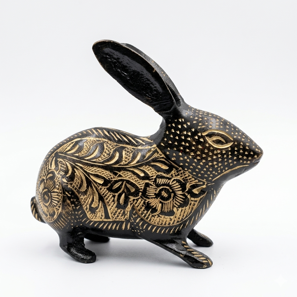 Svarn Studio Handcrafted Black Brass Rabbit Figurine with Gold Etched Floral Motifs | Decorative Showpiece for Home & Office | Luxury Artisan Décor — 14 cm
