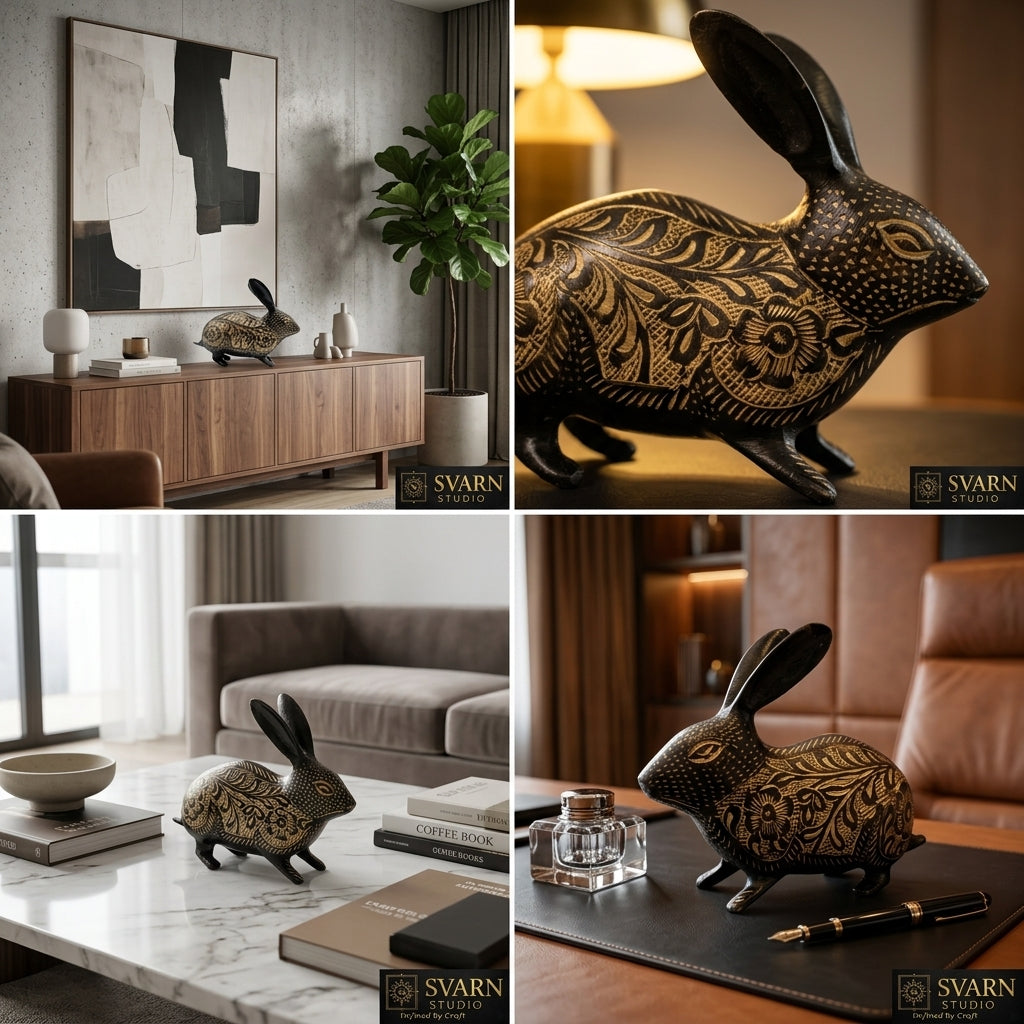 Svarn Studio Handcrafted Black Brass Rabbit Figurine with Gold Etched Floral Motifs | Decorative Showpiece for Home & Office | Luxury Artisan Décor — 14 cm