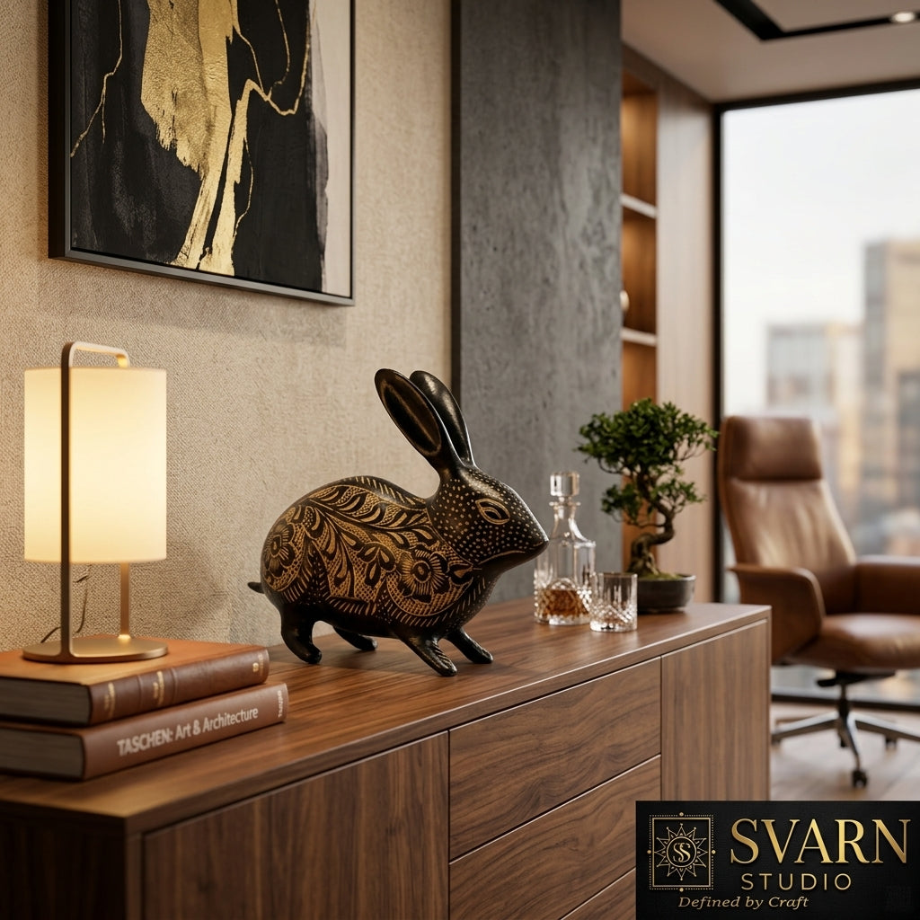 Svarn Studio Handcrafted Black Brass Rabbit Figurine with Gold Etched Floral Motifs | Decorative Showpiece for Home & Office | Luxury Artisan Décor — 14 cm