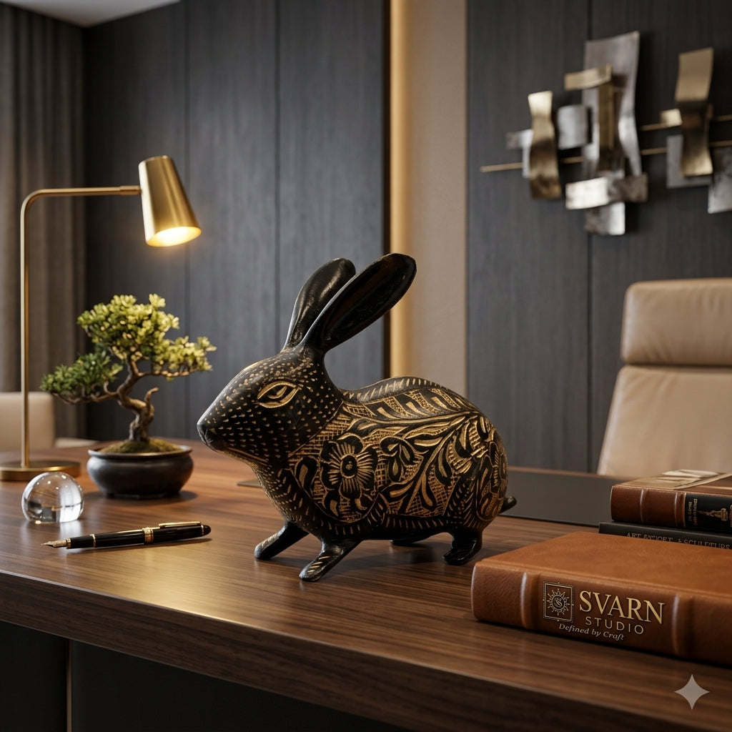 Svarn Studio Handcrafted Black Brass Rabbit Figurine with Gold Etched Floral Motifs | Decorative Showpiece for Home & Office | Luxury Artisan Décor — 14 cm