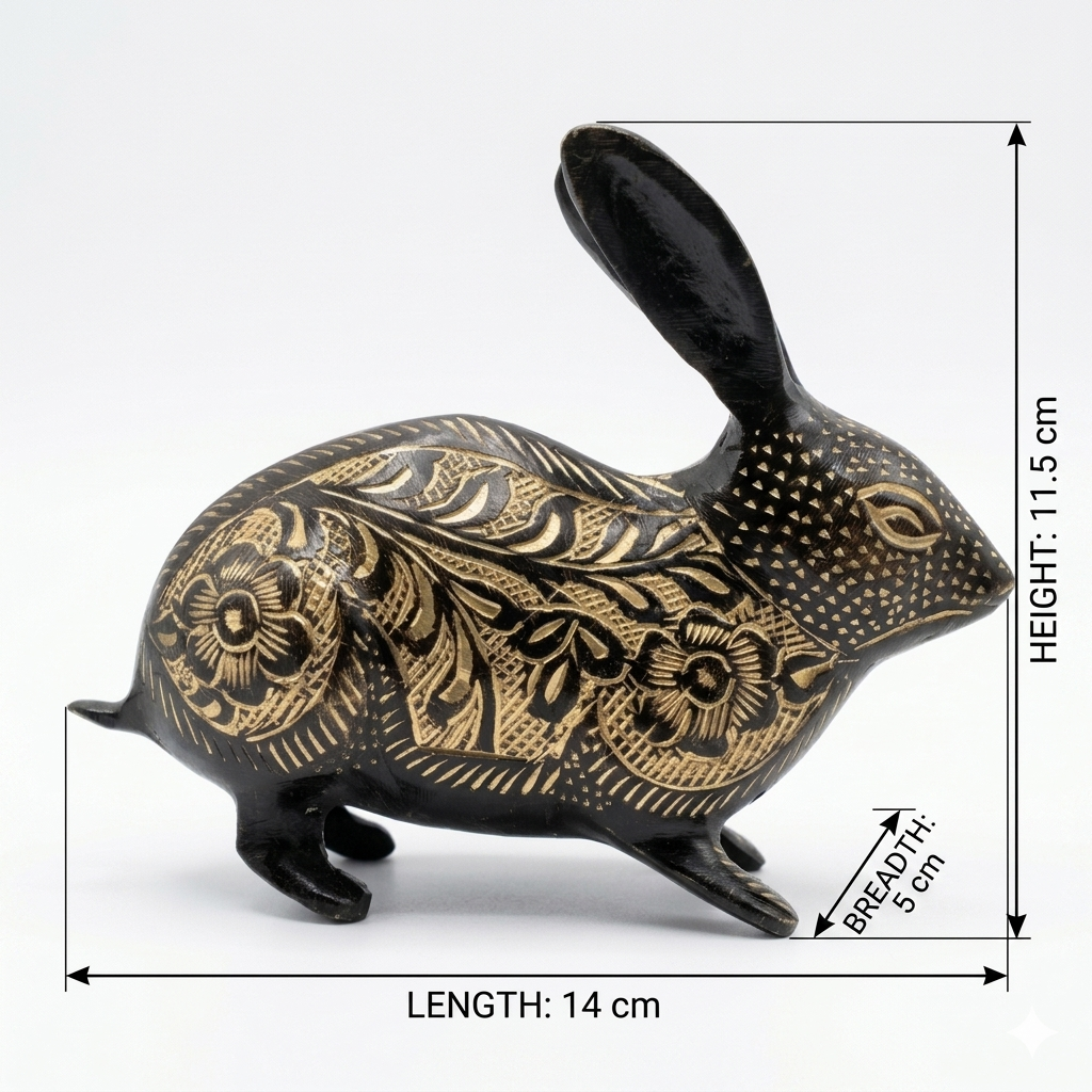 Svarn Studio Handcrafted Black Brass Rabbit Figurine with Gold Etched Floral Motifs | Decorative Showpiece for Home & Office | Luxury Artisan Décor — 14 cm