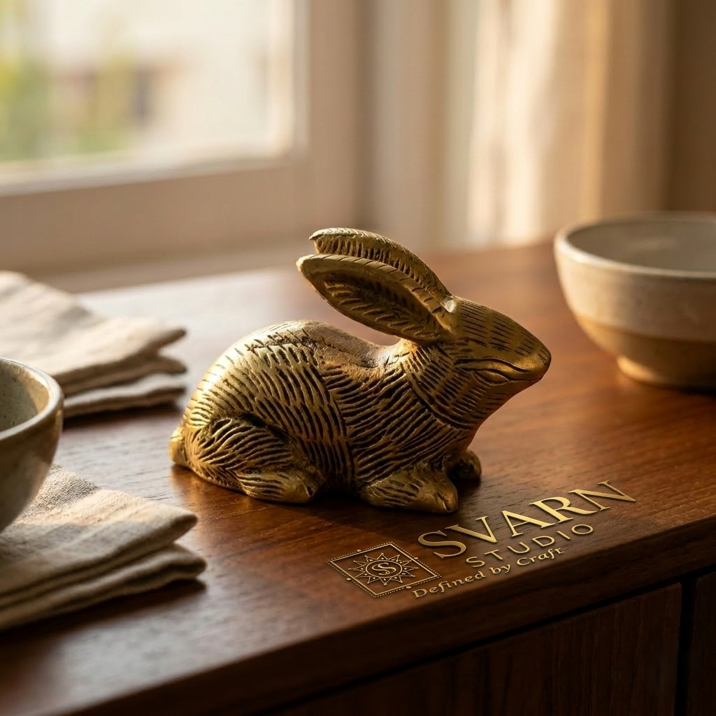 Svarn Studio Brass Rabbit Figurine | Sitting Pose | Antique Gold | 9.5 cm