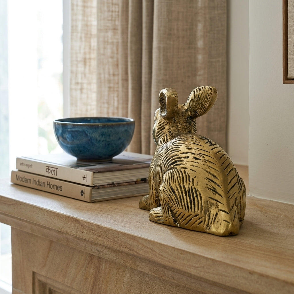 Svarn Studio Brass Rabbit Figurine | Sitting Pose | Antique Gold | 9.5 cm
