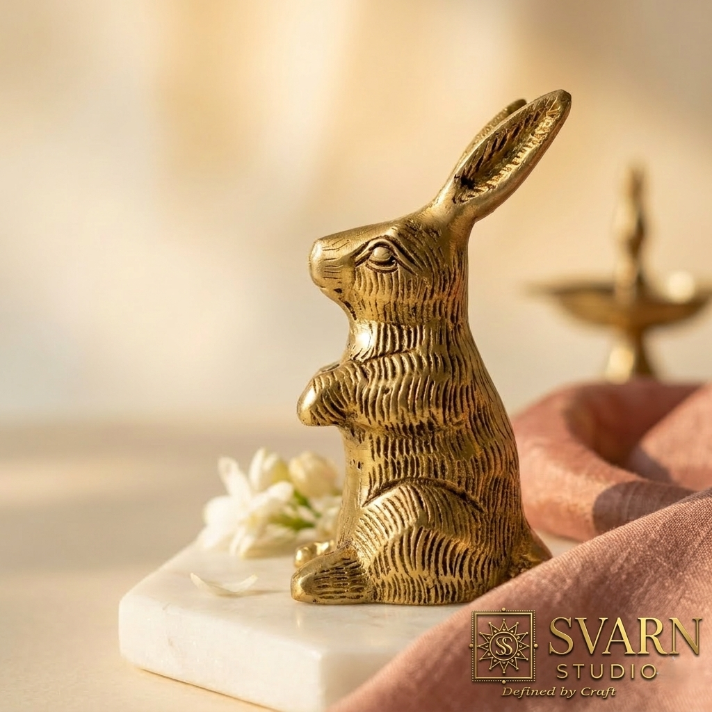 Svarn Studio Brass Rabbit Figurine | Sitting Pose | Antique Gold | 9.5 cm