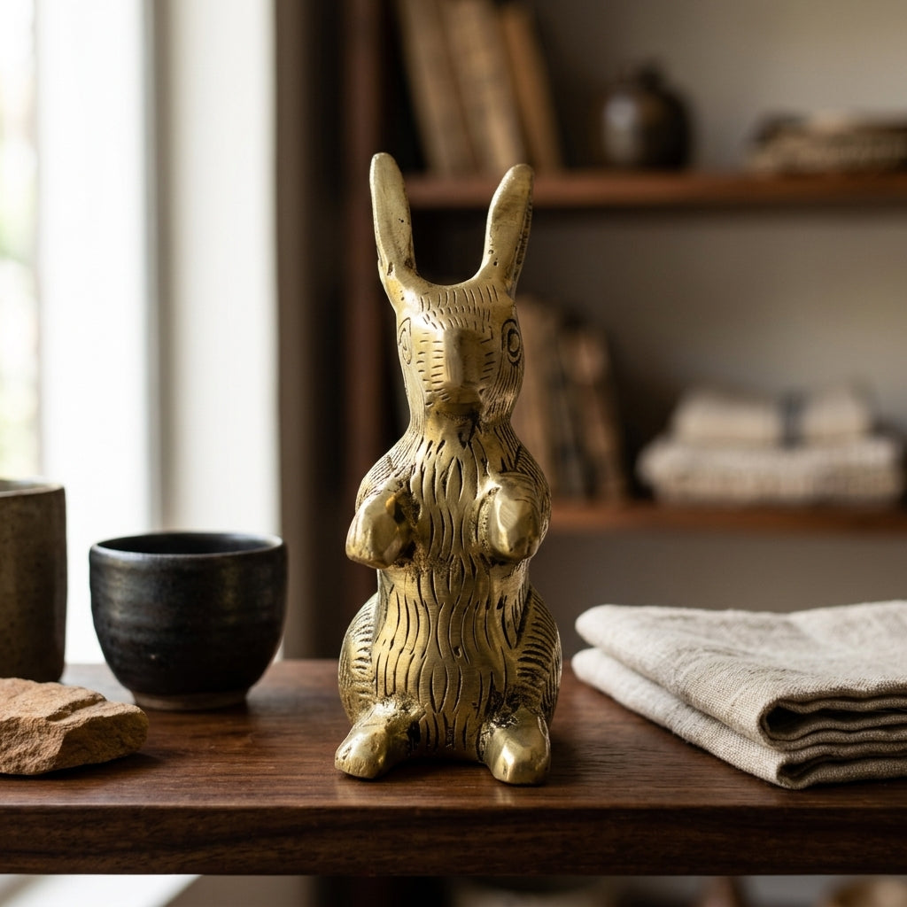 Svarn Studio Brass Rabbit Figurine | Sitting Pose | Antique Gold | 9.5 cm