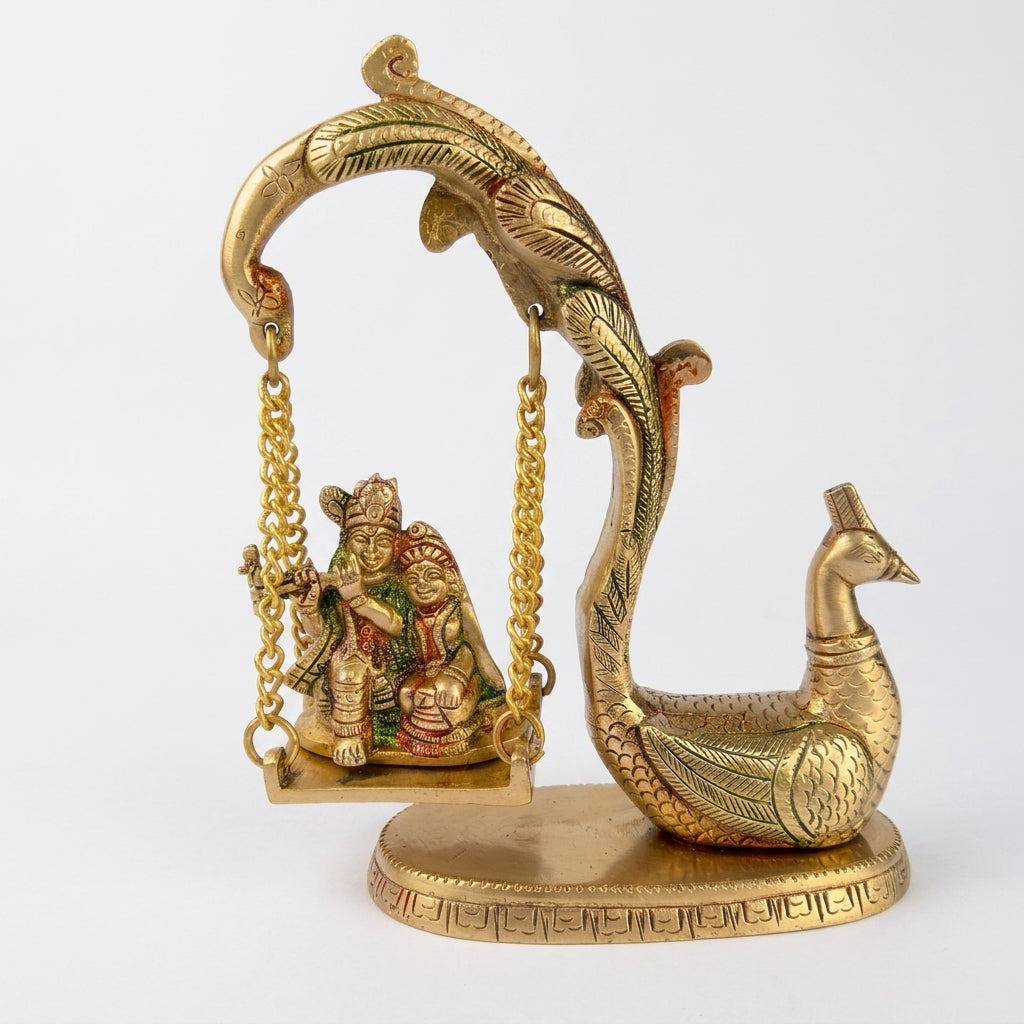 Svarn Studio Brass Radha Krishna Jhoola with Peacock | Yellow Gold | Hand-Enamelled Idol