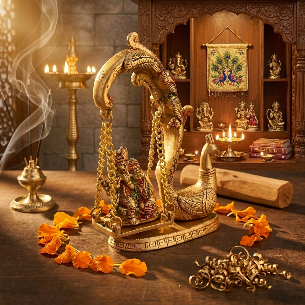 Svarn Studio Brass Radha Krishna Jhoola with Peacock | Yellow Gold | Hand-Enamelled Idol